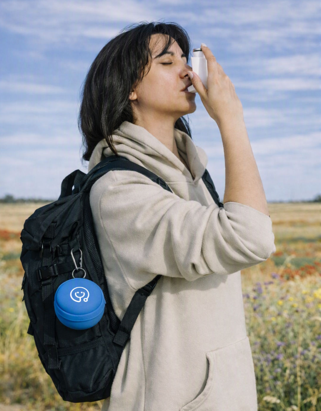 Woman using StethoMe to monitor a chronic condition