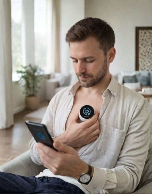 Man checking his StethoMe reading on his phone at home