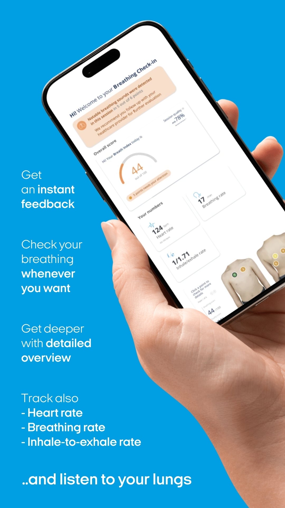 StethoMe app showing today's Breath Index, heart rate, breathing rate, and inhale-to-exhale rate on a phone held in someone's hand, with callouts for getting instant feedback, checking your breathing whenever you want, getting a detailed overview, tracking heart rate, breathing rate and inhale-to-exhale rate, and listening to your lungs